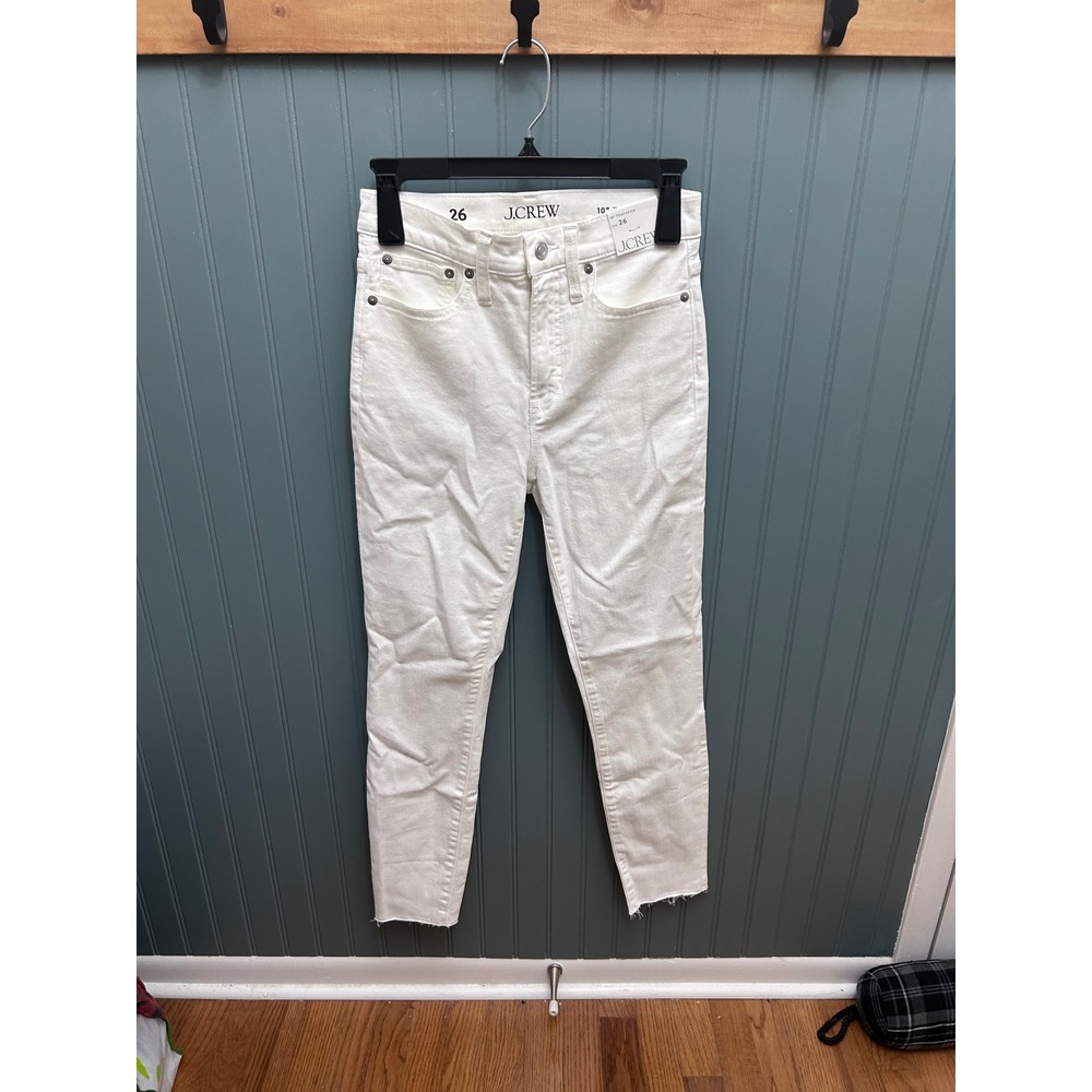 J.Crew 10" Toothpick Skinny Jeans White High Rise Raw Hem Size 26 NWT
